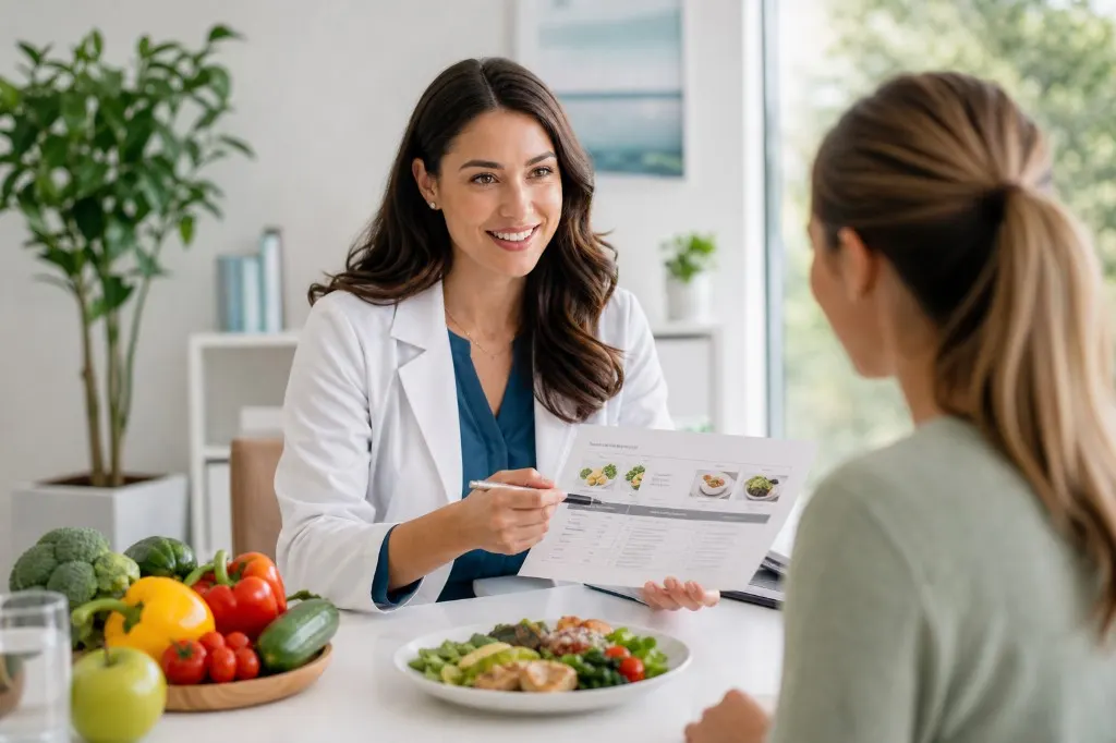 Clinical dietitian reviewing a personalized meal plan with a client
